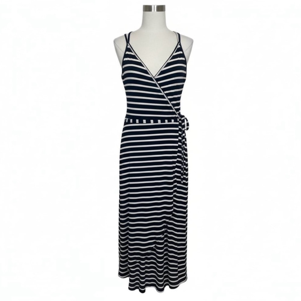 Love, Fire Stripe Spaghetti Strap Wrap Dress Medium Black White Summer Party